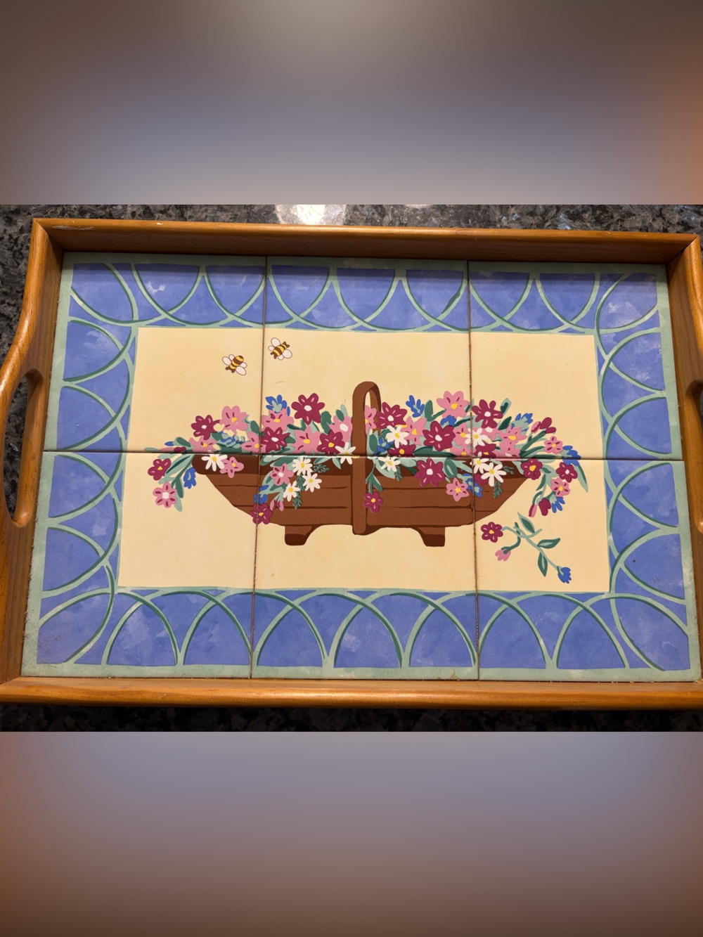 Floral Tile Serving Tray with Wood Frame